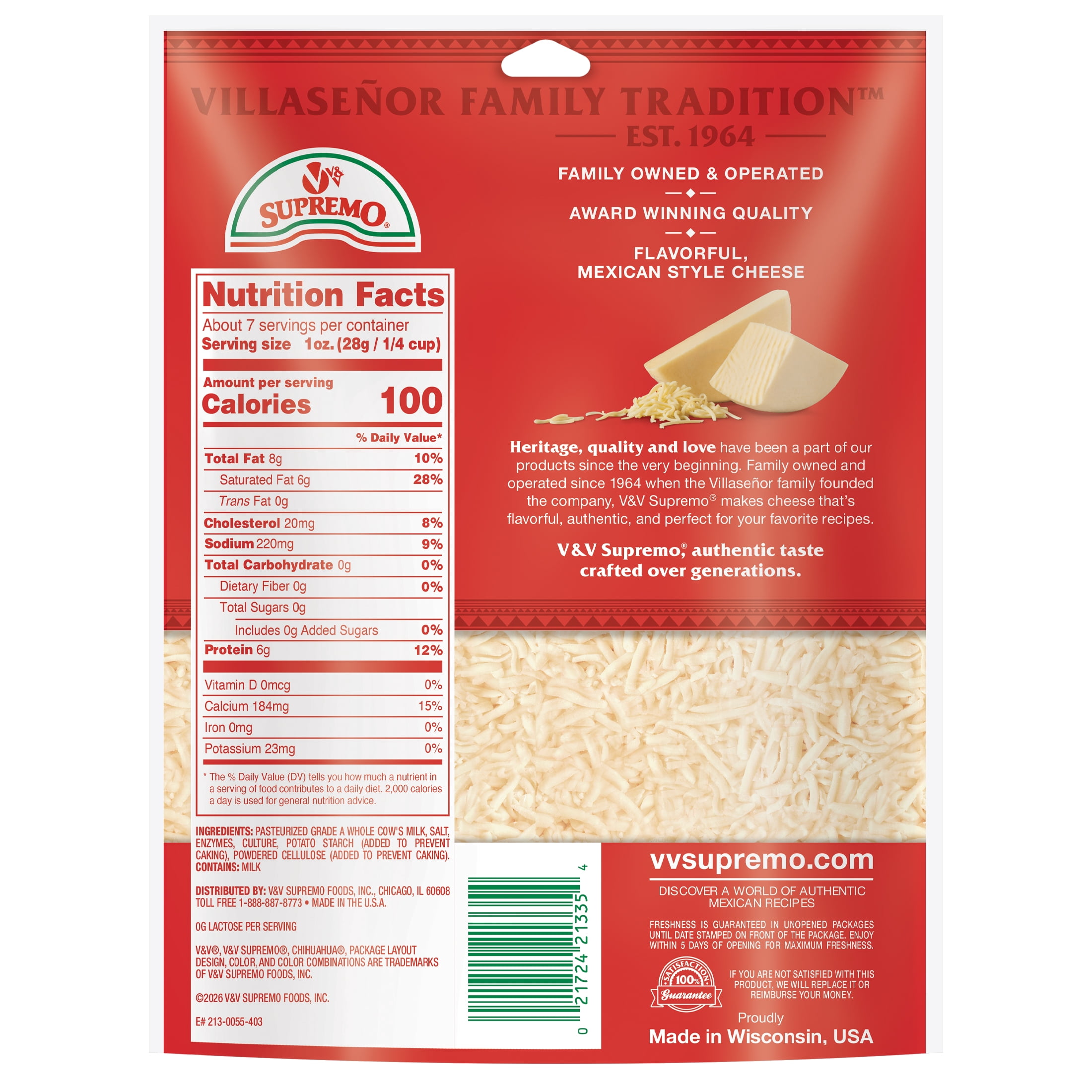 V&V Supremo Shredded Chihuahua Authentic Mexican Style Quesadilla Cheese, Gluten-Free, 7.06 oz, Refrigerated