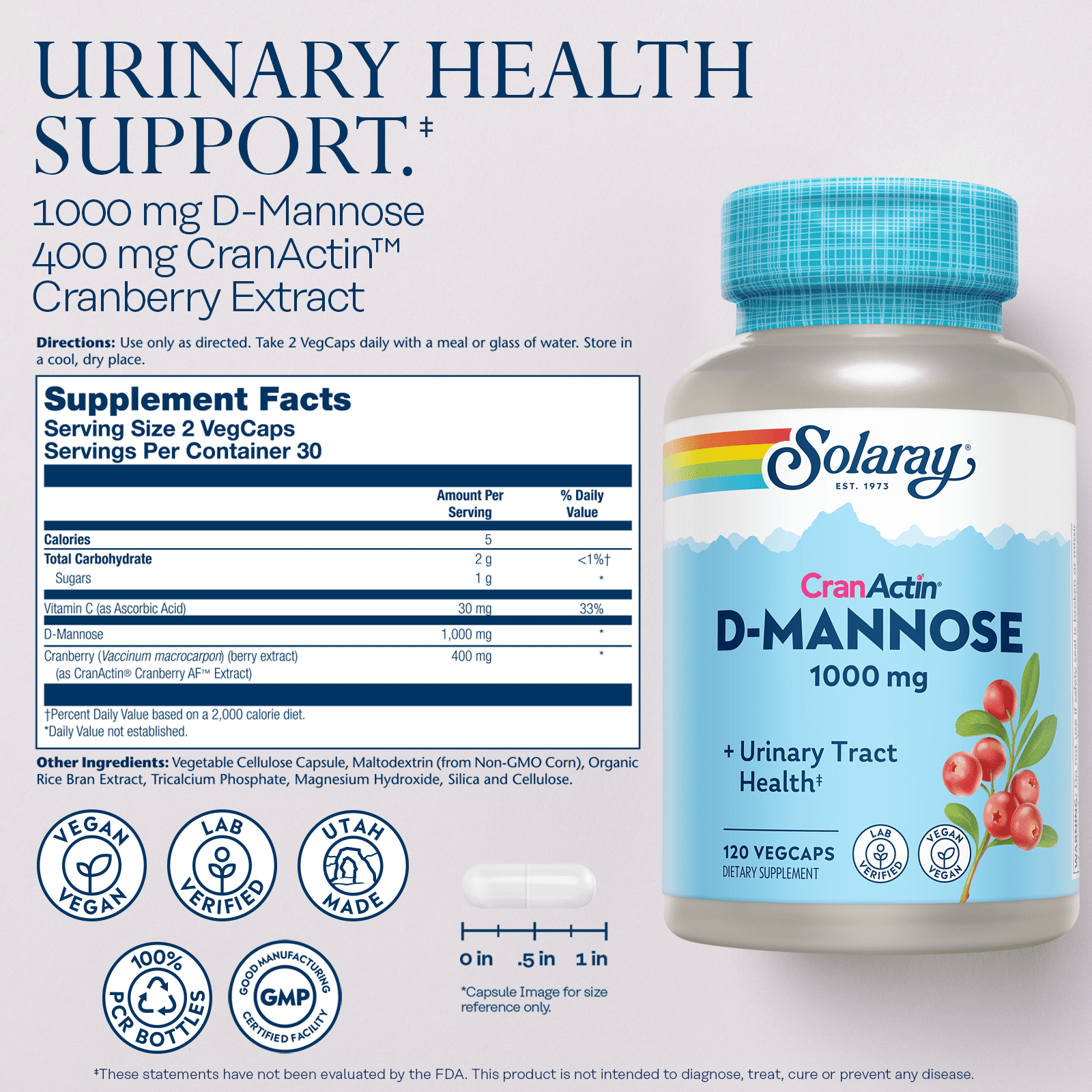Solaray D-Mannose 1000mg with CranActin Cranberry Extract - D Mannose Cranberry Supplement with Vitamin C - Supports Urinary Tract and Bladder Health - Vegan, 60 Day Guarantee (120 CT)