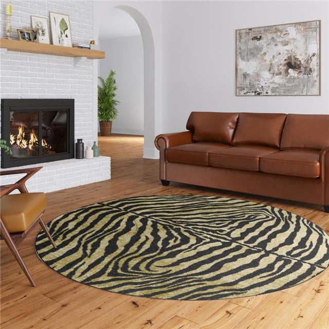 HomeRoots 491636 Tapis Rond Imprimé Animal Noir et Or 8 x 8 Pi Shag Fait Main Antidérapant