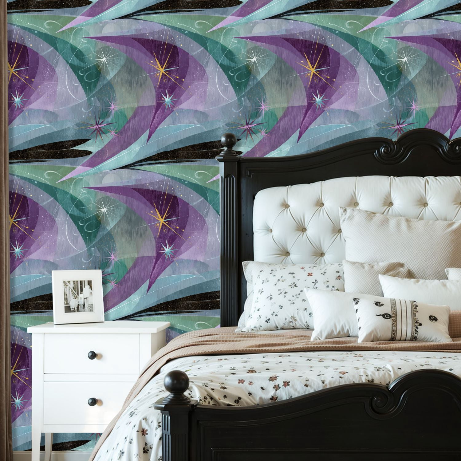 Mid Century Peel and Stick Wallpaper Abstract Geometric Star Patterns Mint Purple Gold 60s Style Wall Mural 23.6in x 9.8ft Self Adhesive Removable Wall Paper Renter Friendly Wallpaper for Bedroom