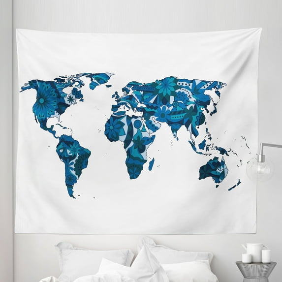 Flower Tapestry, Flourish Map in Blue Tones Earth Continents with Ornate Eco Plants, Fabric Wall Hanging Decor for Bedroom Living Room Dorm, 5 Sizes, Dark Violet Blue, by Ambesonne