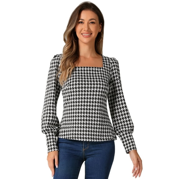 DARING DIVA Women's Houndstooth Vintage Bishop Sleeve Square Neck Blouse XS Black White
