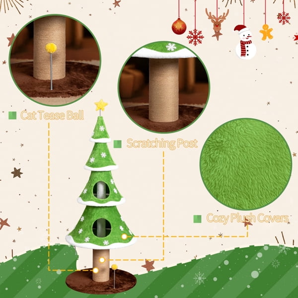 59in Large Tall Christmas Tree Cat Tower - 2 Cat Houses, Soft Fleece, Teaser Toy, Sisal Scratching Post, Multi-Level Activity Center for Cats
