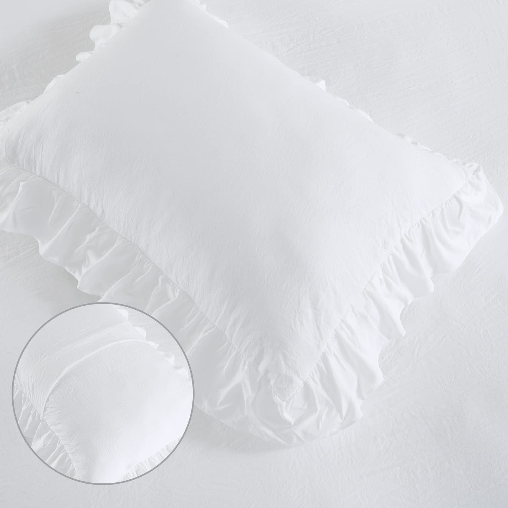 Ruffle Duvet Cover King Size, 3PCS Soft Washed Microfiber Vintage French Country Duvet Cover Set with Button Closure, White, 104x90 in