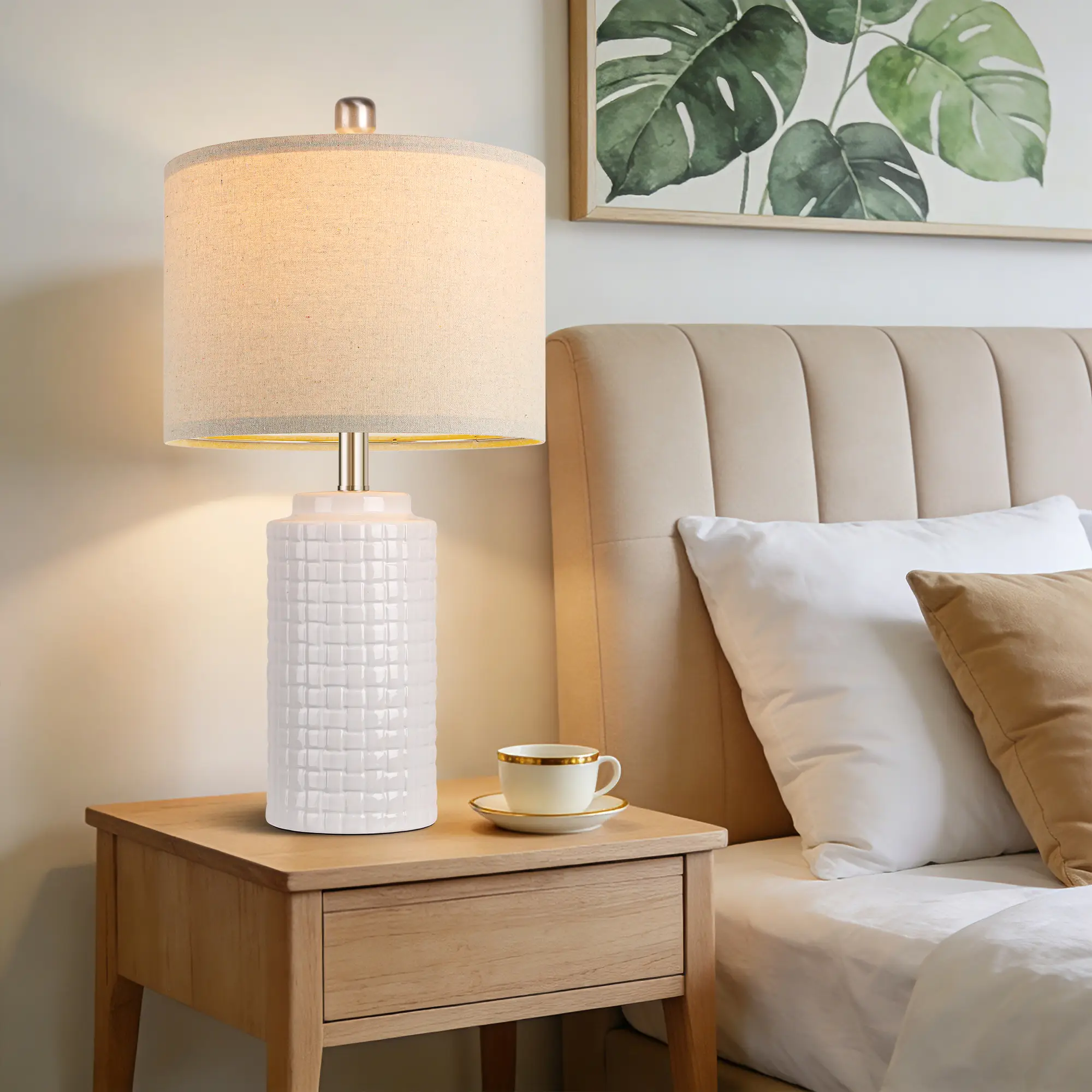 23in Modern Ceramic Table Lamp Set of 2, Table Lamps Rustic Bedside Nightstand White for Living Room