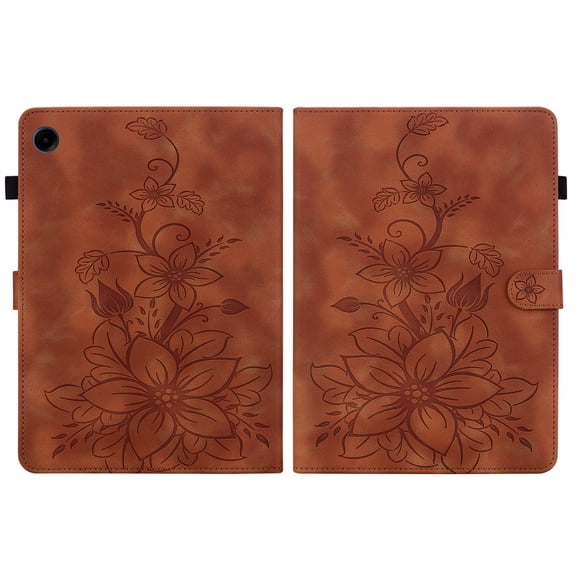 FJLBDE Case for Samsung Galaxy Tab A9 8.7 Inch 2023, Embossed Flower PU Leather Flip Wallet Folio Stand Cover, Brown