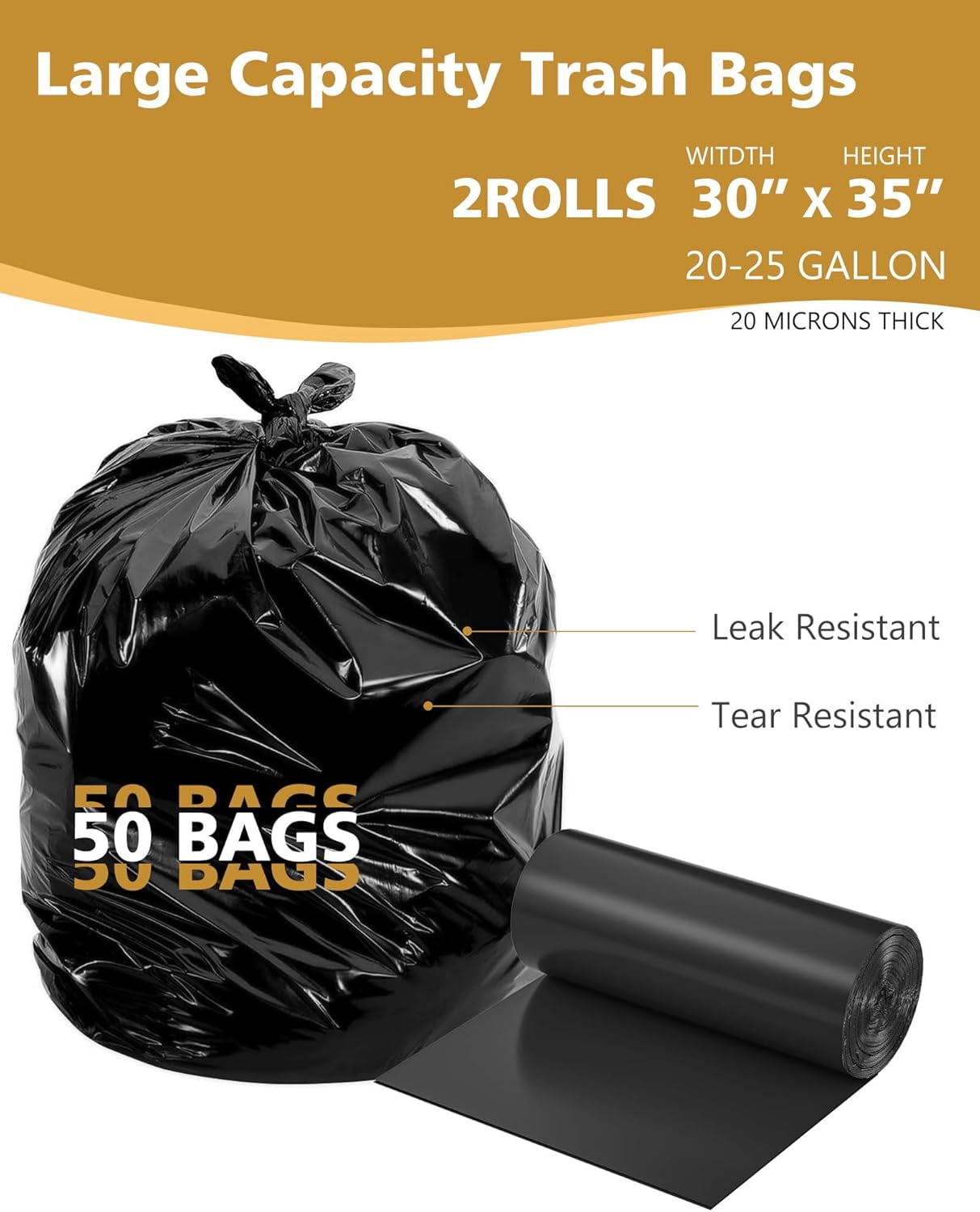 23 Gallon Trash Bags with Zip Ties, 20-25 Gallon Trash Bags (50 Count Bulk) Large Black Trash Bags 20 Gallon Trash Bags, Extra Large Garbage Bags for Commercial, Household, Lawn (30"x35") Black