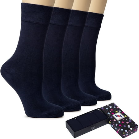 

HUGH UGOLI Women s Bamboo Thin Crew Socks for Dress 4 Pairs in Gift Box Navy Blue Shoe Size: 8-11