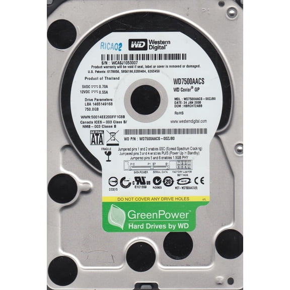 WD7500AACS-00ZJB0, DCM HBRCHT2ABB, Western Digital 750GB SATA 3.5 Hard Drive