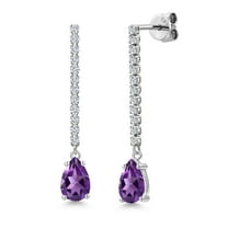 14K White Gold Purple Amethyst and White Lab Grown Diamond Long Liner Dangle Earrings for Women | 1.92 Cttw | Gemstone February Birthstone | Pear Shape 8X5MM | White Gold Chain Drop Earrings