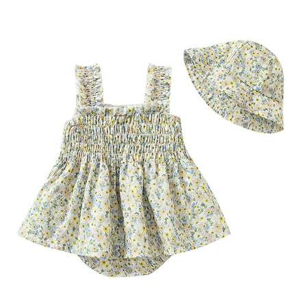 

ZRBYWB Baby Little Daisy Print Ruffle Top Hem Wide Straps Halter Dress With Floral Print Cap Baby Clothes