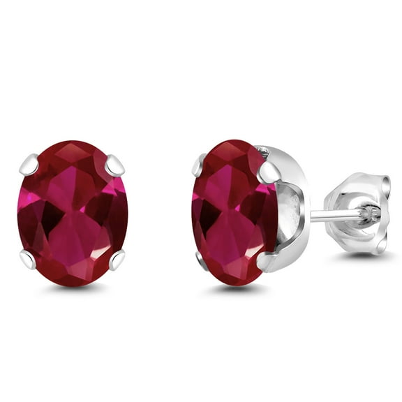 Gem Stone King 925 Sterling Silver Red Created Ruby Stud Earrings for Women Men | 3.00 Cttw | Gemstone July Birthstone | Oval 8X6MM