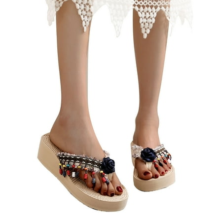 

Tuscom Women’s Wedge Sandals Bohemia Bead Style Herringbone Sandals with Beads and Flower - Flat Fashion Flip Flops Beach Sandals Flip-flops