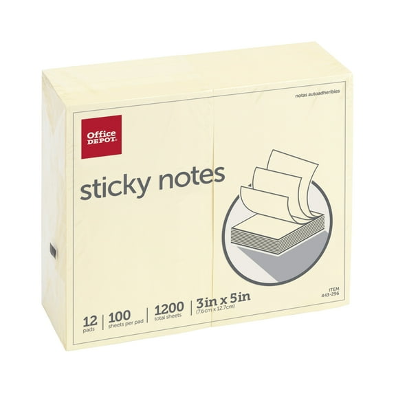 Office Depot® Brand Self-Stick Notes, 3" x 5", Yellow, 100 Sheets Per Pad, Pack Of 12