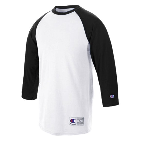 Champion Mens Raglan Baseball T-Shirt, M, White/Black