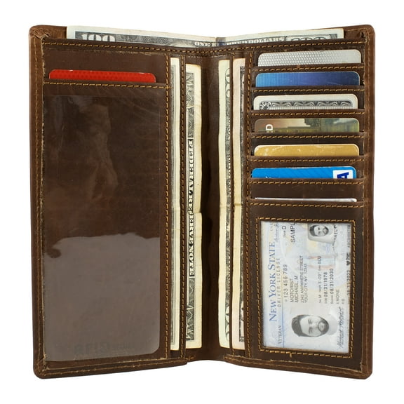 Vintage Hunter Leather Checkbook Cover with RFID Blocking Slim Bifold Wallet