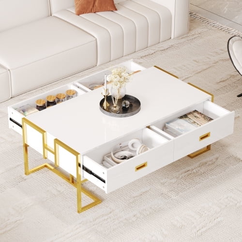 Modern White Rectangular Coffee Table with 4 Drawers and Gold Base in 47.3"