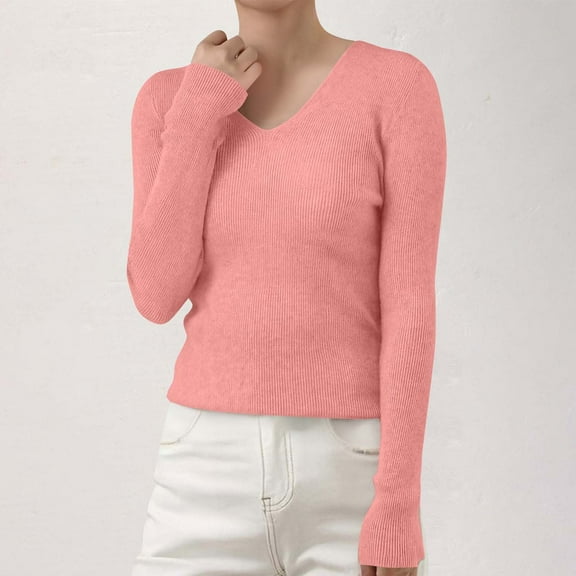 Women's V-Neck Ribbed Knit Pullover Sweater, Slim Fit Soft Stretchable Top for Fall Winter, Comfortable Casual Daily Wear, Versatile Layering Piece for Various Occasions Pink M