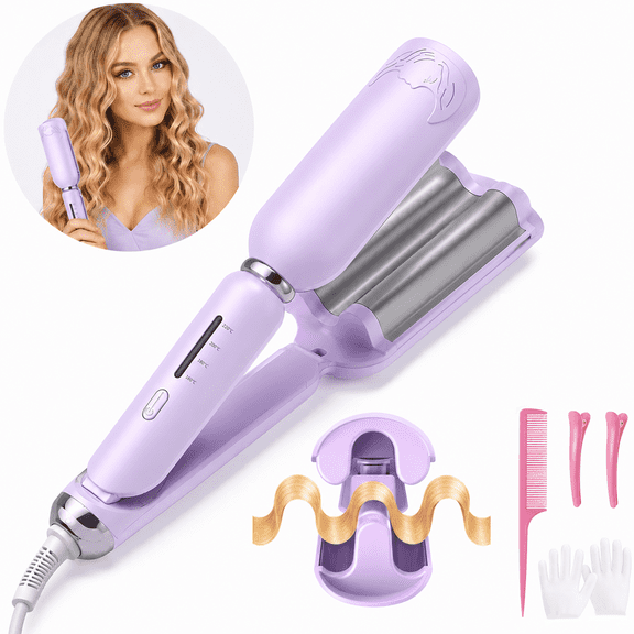 JUUTREN 1.25” Hair Crimper for Women & Curling Iron, Hair Curler, Curling Wand, 3 Barrel Hair Waver, Crimper Hair Tool, Wand Curling Iron, 4 Temps 320°F-428°F, 30s Fast Heating, Purple