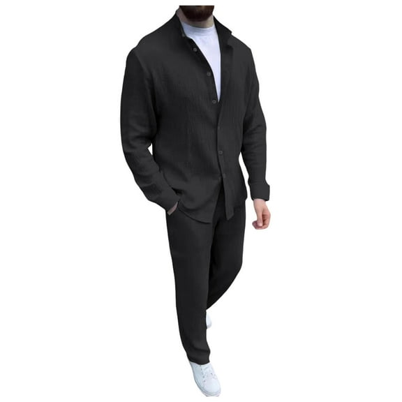 JIKNTTR Mens Short Sets 2 Piece Outfits Men Long Sleeve Solid Color Shirt Casual Holiday Shirts Tops Pants Outfits Simple Versatile Pant Set