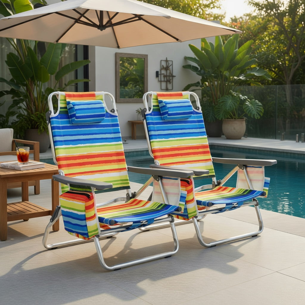 Hommoo 4-Pack Adjustable 5-Position Folding Beach Chair Set with Pillow, Lightweight Aluminum Frame, Waterproof PVC Fabric, Yellow