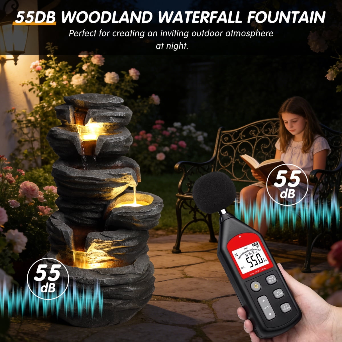 25.6" 4-Tier Stacked Rock Water Fountain with Warm LED Lights, Cascading Waterfall Fountain, Weather-Resistant Outdoor Decor for Patio, Garden & Backyard