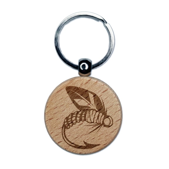 Fly Fishing Hook Lure Round Keychain Charm Tag - Engraved Wood
