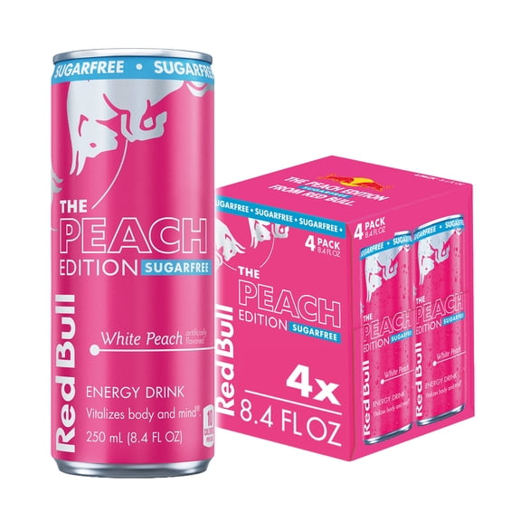 Red Bull Peach Edition Sugarfree Energy Drink, White Peach, 8.4 fl. oz., Pack of 4