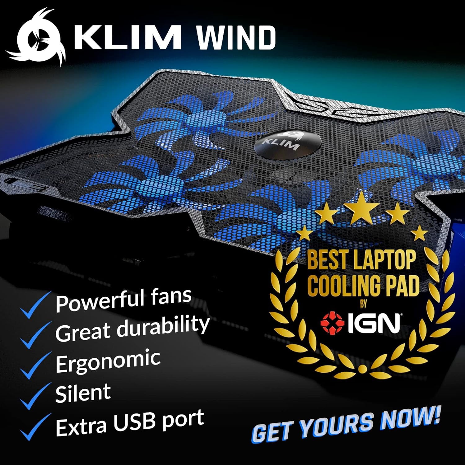 Wind Laptop Cooling Pad - More Than 500 000 Units Sold New Version The Most Powerful Rapid Action Fan Stand with 4 Fans at 1200 RPM USB PS5 PS4 Blue
