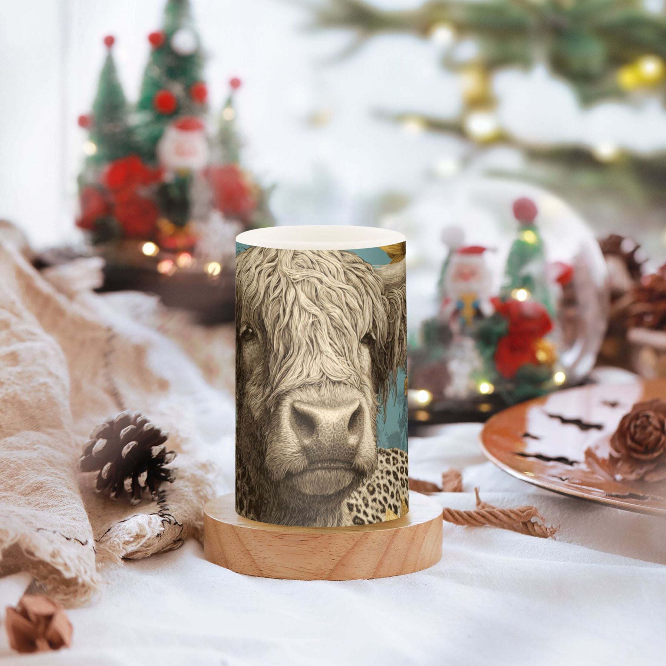 Highland Cow with Leopard Print Sunflowers Flickering Flameless Candles LED Tealight Battery Operated with Remote Set of 2 Holiday Decor Ornaments