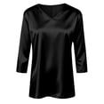 thumbnail image 4 of Womens Satin Silk 3/4 Length Sleeve Tunic Tops Trendy Silky Round Neck Business Casual Shirt Dressy Blouses, Black S, 4 of 6