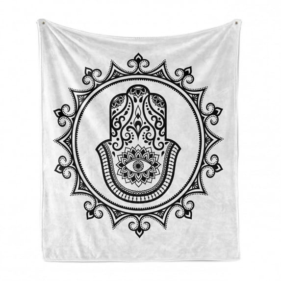 Evil Eye Soft Flannel Fleece Throw Blanket, Hamsa Hand Drawn with Evil Eye in Mandala Lucky Piece Illustration, Cozy Plush for Indoor and Outdoor Use, 50" x 60", White Black, by Ambesonne