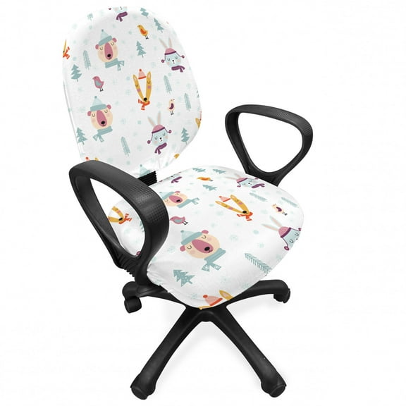 Cartoon Office Chair Slipcover, Theme of Bear Bunny and Fox with Scarfs and Hats Snowflakes, Protective Stretch Decorative Fabric Cover, Standard Size, Multicolor, by Ambesonne