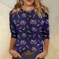 thumbnail image 2 of Mardi Gras Shirts for Women Carnival 3/4 Sleeve Holiday T Shirts Crew Neck Feathers Print Green Tunic Tops Dark Purple M, 2 of 7