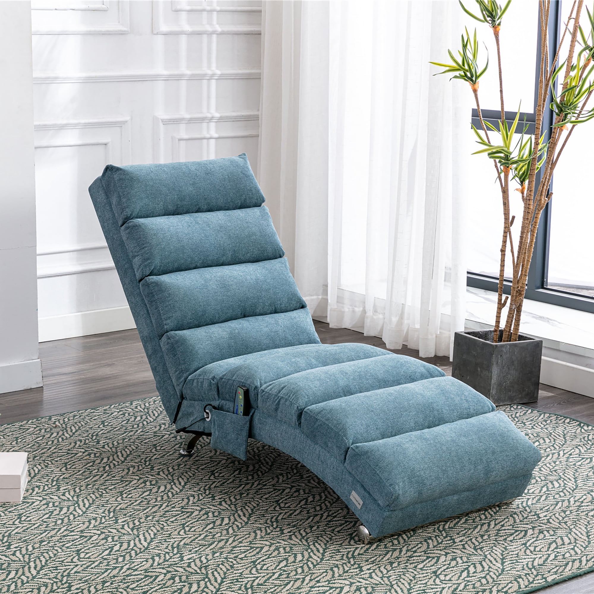 MAYEERTY Linen Massage Chaise Lounge Indoor with Remote Control,Ergonomic Electric Massage Long Lounger with 5 Modes for Office, Living Room,Bedroom，Blue