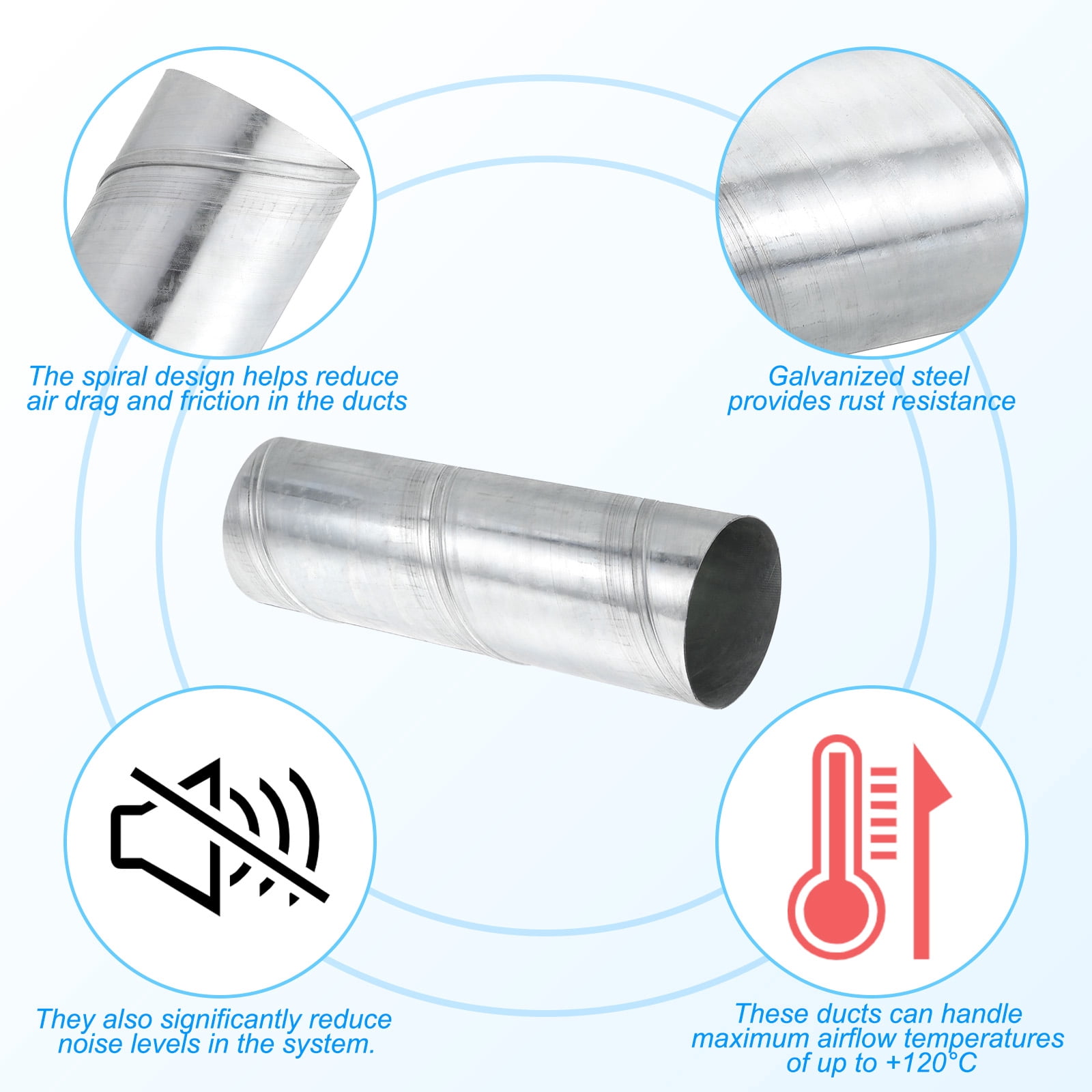 Uxcell 4 Inch Round Spiral Air Duct, 12 Inch Long Galvanized Steel Ducting Vent Hose