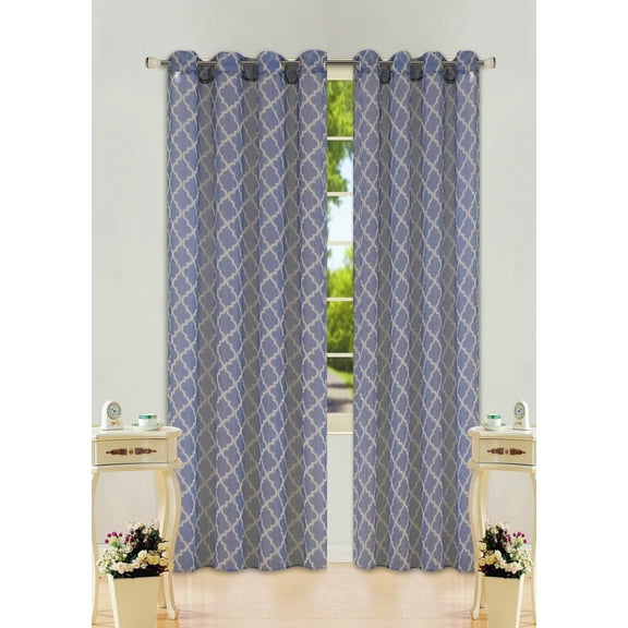 (S38)  Slate Blue/Taupe 2pc Printed Sheer Grommet Window Treatment Set, Two (2) Geometric Pattern Panels 55"W x 108"L (Each)
