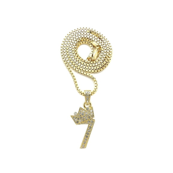 Stone Stud Tilted Crown Number Micro Pendant with 3mm Box Chain Necklace, #7/Gold-Tone/30"