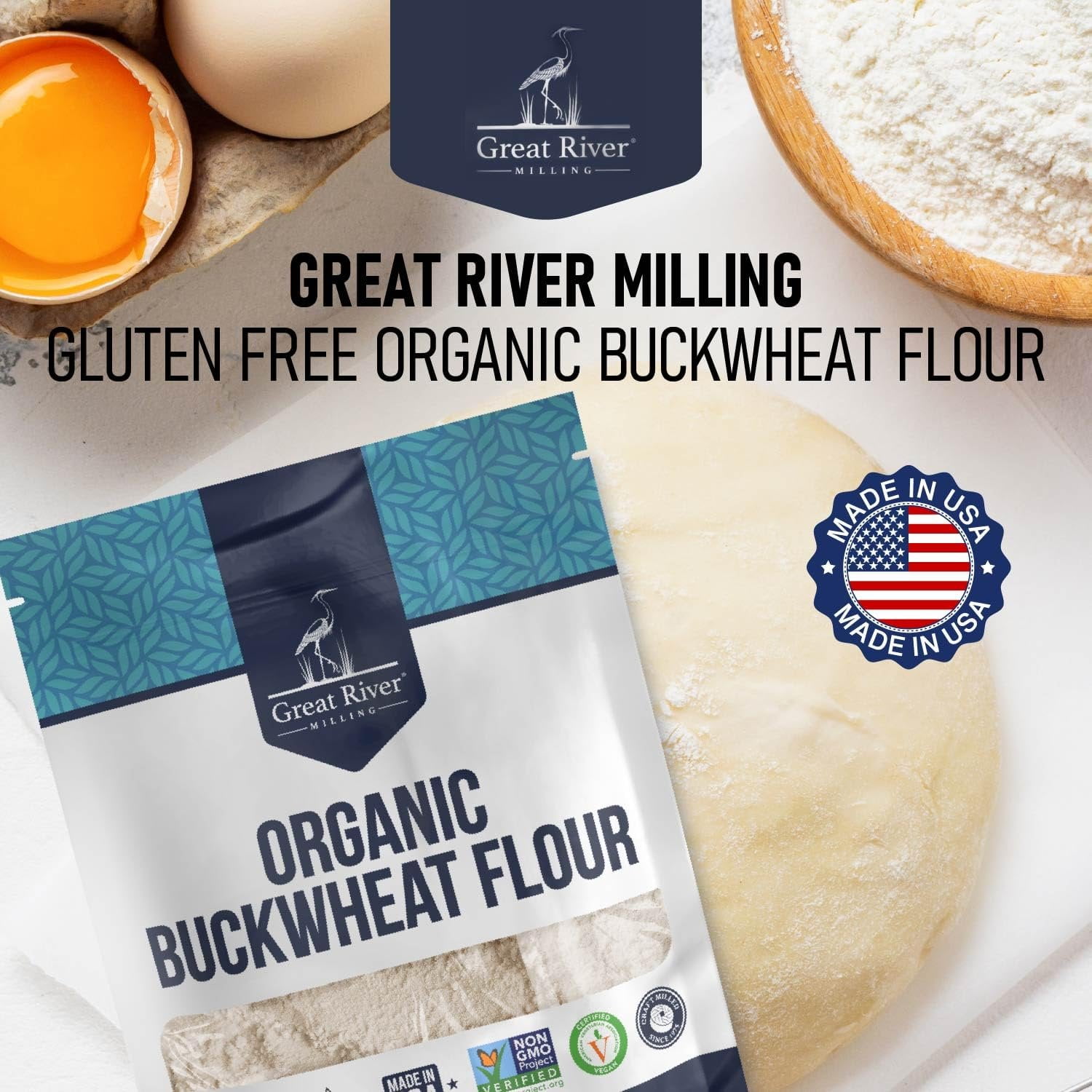Great River Organic Milling Organic Buckwheat Flour  Gluten Free Flour Alternative  USDA Organic, Non-GMO, Kosher  Ideal for Crepes, Pancakes, Waffles, Baking & More  5 Lb
