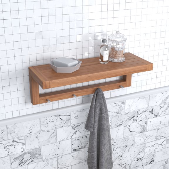The Original 24" Moa™ Teak Wall Shelf with Hooks