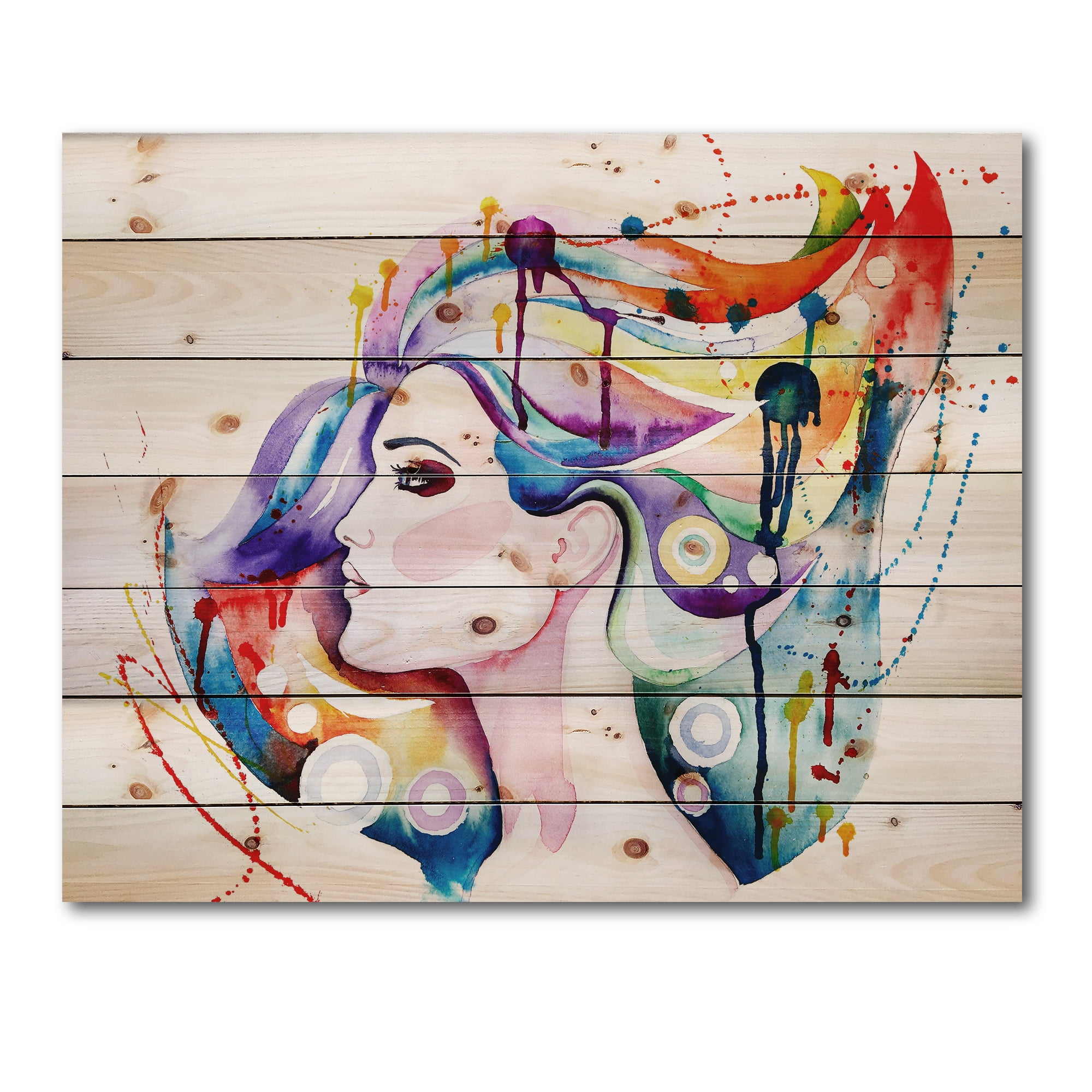 Designart 'Beautiful Young Woman With Colorful Hair' Traditional Print on Natural Pine Wood