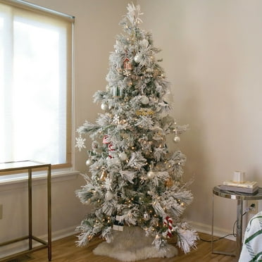 Fraser Hill Farm 4.0-Foot Pre-Lit Snowy Pine Flocked Slim Christmas Tree, Warm White LED Lights, FFSN040-5SN