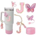 thumbnail image 1 of LAMOOER Cup Accessories Set for Stanley Tumbler, Including 10mm Butterfly Straw Cover, Cup Letter Charms, Bling Silicone Boot, Letter Sticker and Butterfly Embroidered Sticker, Letter J, Acrylic, 1 of 4