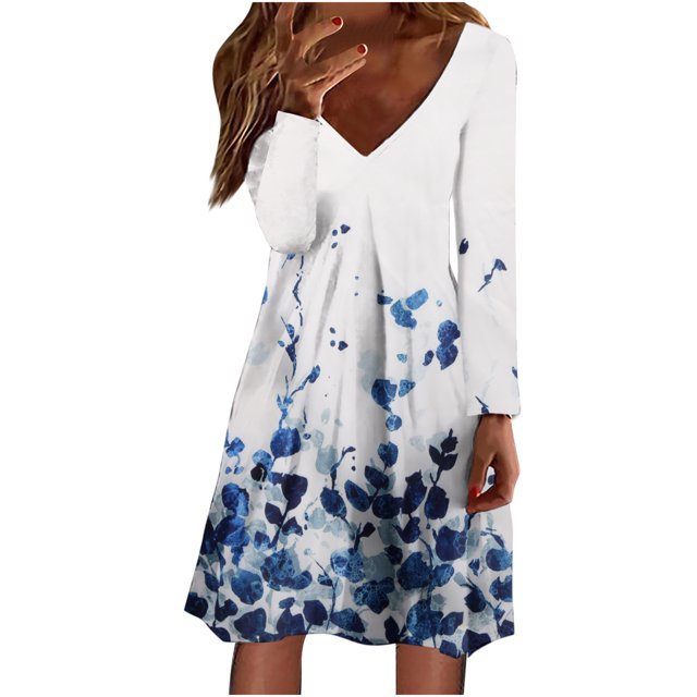 Moda mujer casual manga larga cuello en V impresión suelta vestido de jersey Pompotops hdfakjf6978