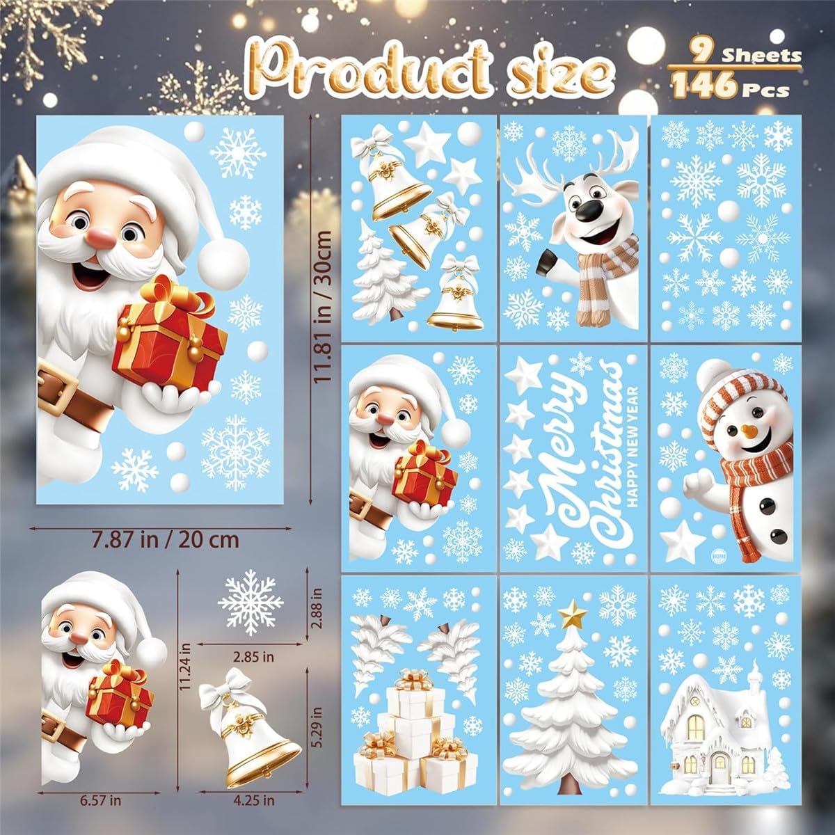 146Pcs Christmas Santa Window Clings,9 Sheets Blue Christmas Window Stickers Decorations,Xmas Elk Snowman Window Stickers Santa Christmas Window Decals for Home Deer Santa Claus and Snowflakes