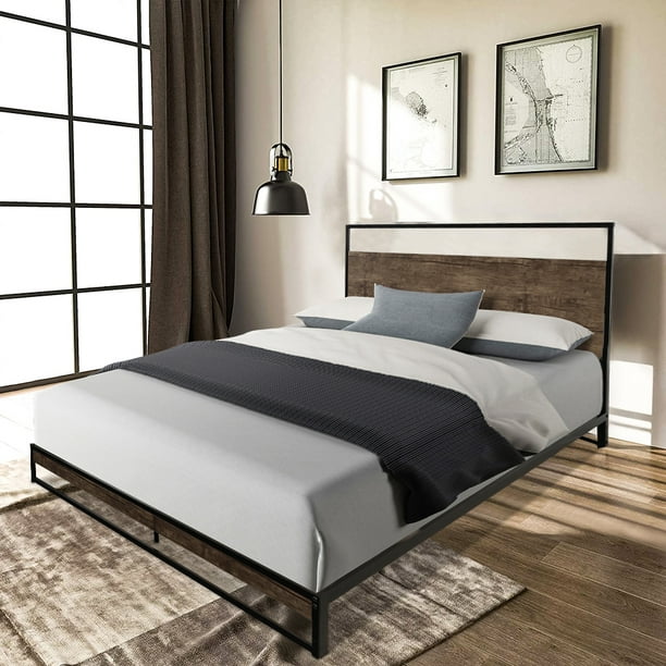 Queen Size Metal Bed Frame, Iron And Wood Queen Bed
