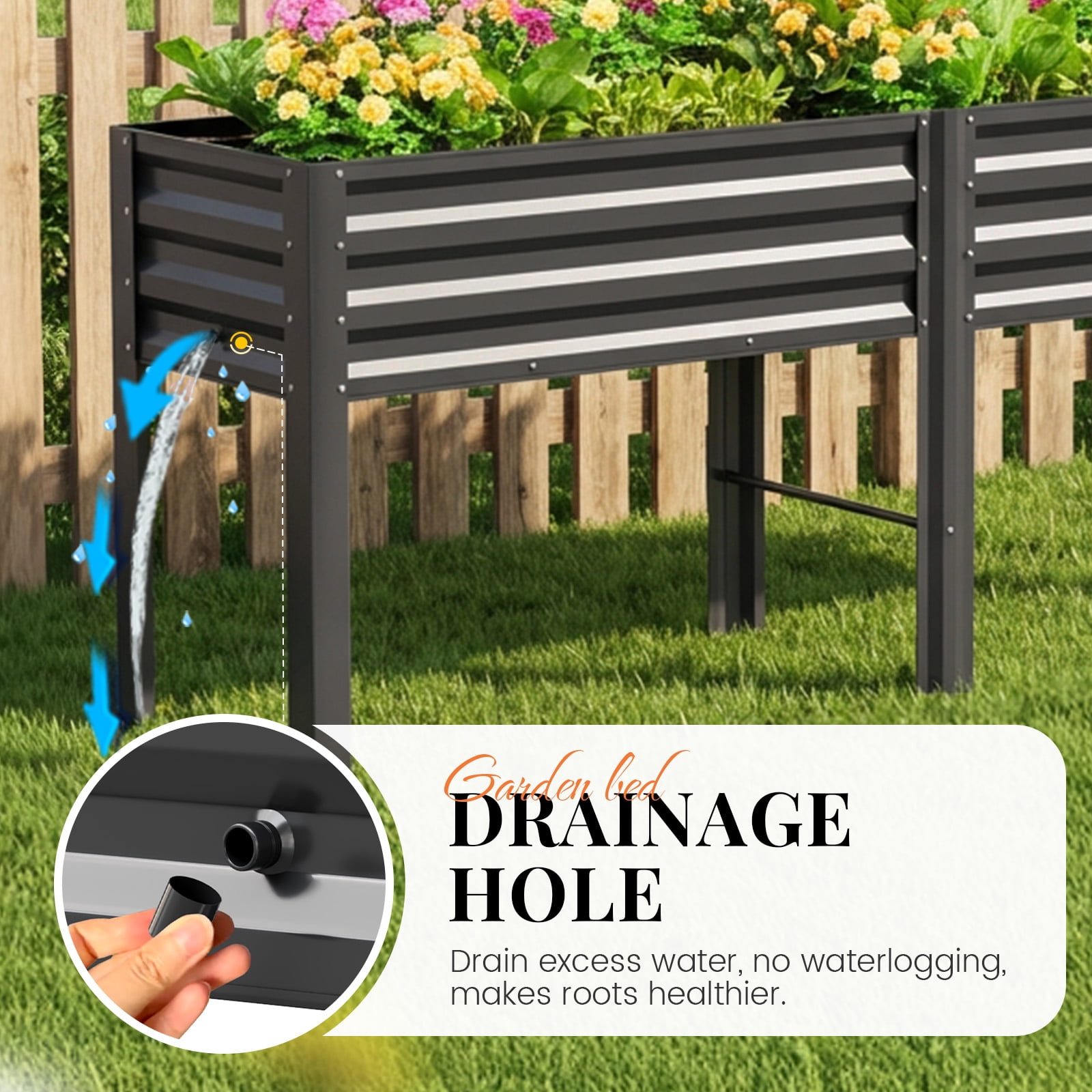 King Bird Galvanized Steel Raised Garden Bed Kit, 80"x17"x31.5" Metal Planter Box with Self-Watering Basin Cells, Tall Elevated Garden Bed for Vegetables & Flowers Deep Gray