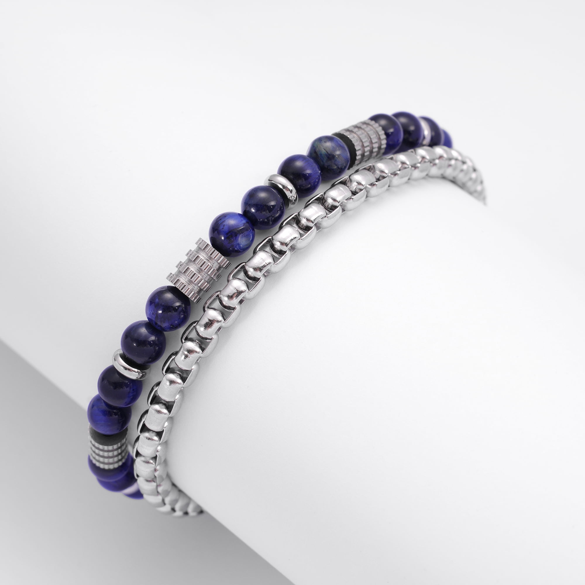 Iron Saints Men Lapis Lazuli Bead Box Chain Bracelets, Stainless Steel, Blue Stone Men Jewelry