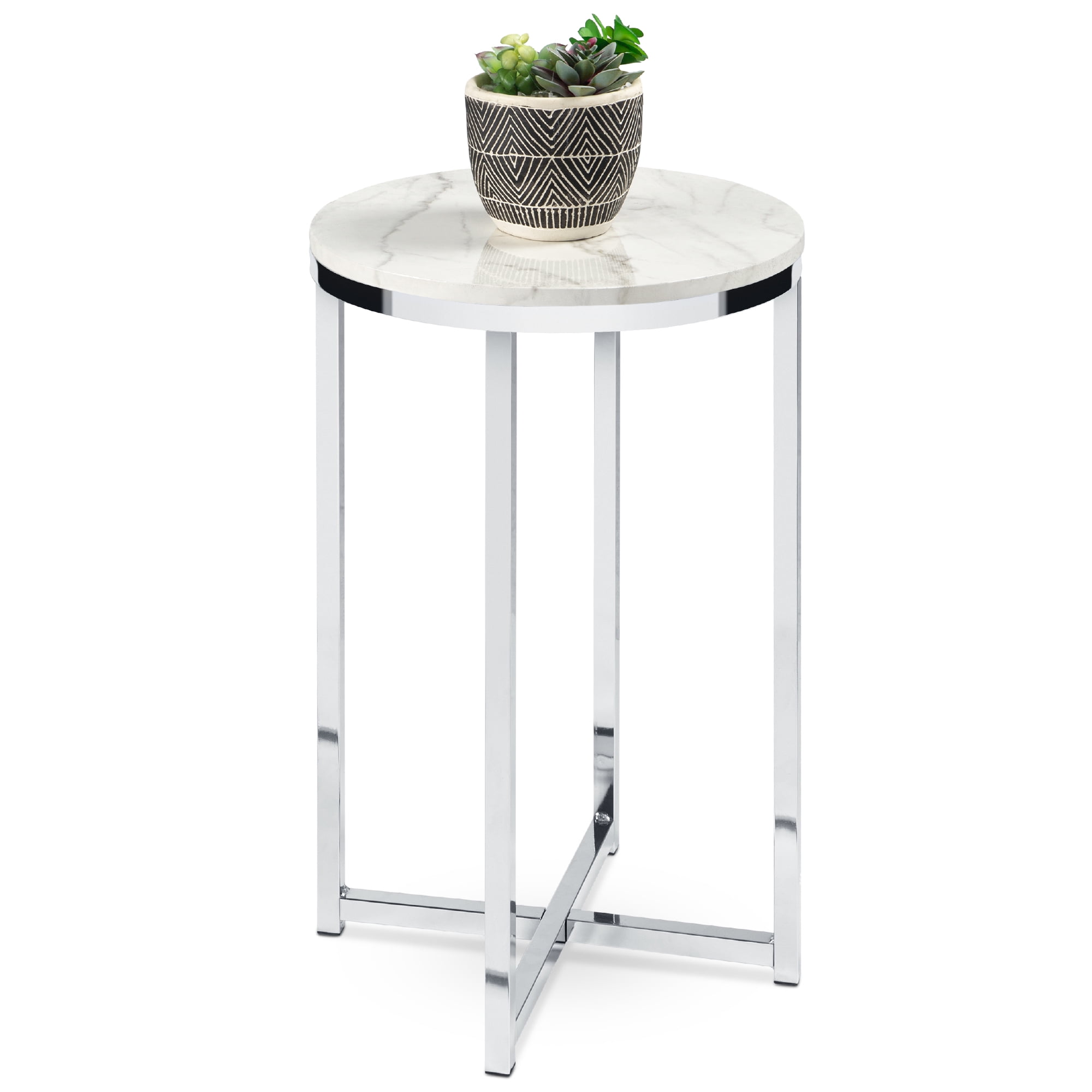 White Round End Table with Storage Basket and Metal Tray Top Bamboo Side Table for Living Room Bedroom Nightstand Table 