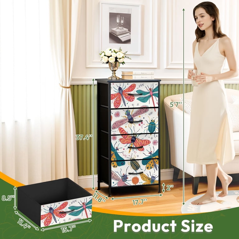 4 Drawer Vertical Storage Dresser Hand drawn butterfly beetle